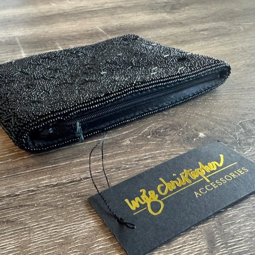 Inge Christopher Black Beaded Full Zip Makeup Bag / Clutch